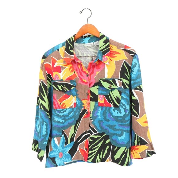 Chico's Linen Tropical Floral Button Front Pocket Shirt Top 1 M - Picture 1 of 5